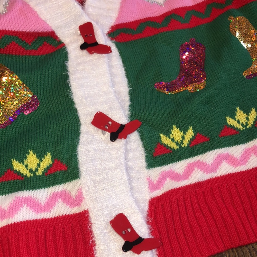 Holiday time red Christmas cardigan sweater cowboy boots country western cowgirl - Picture 5 of 12